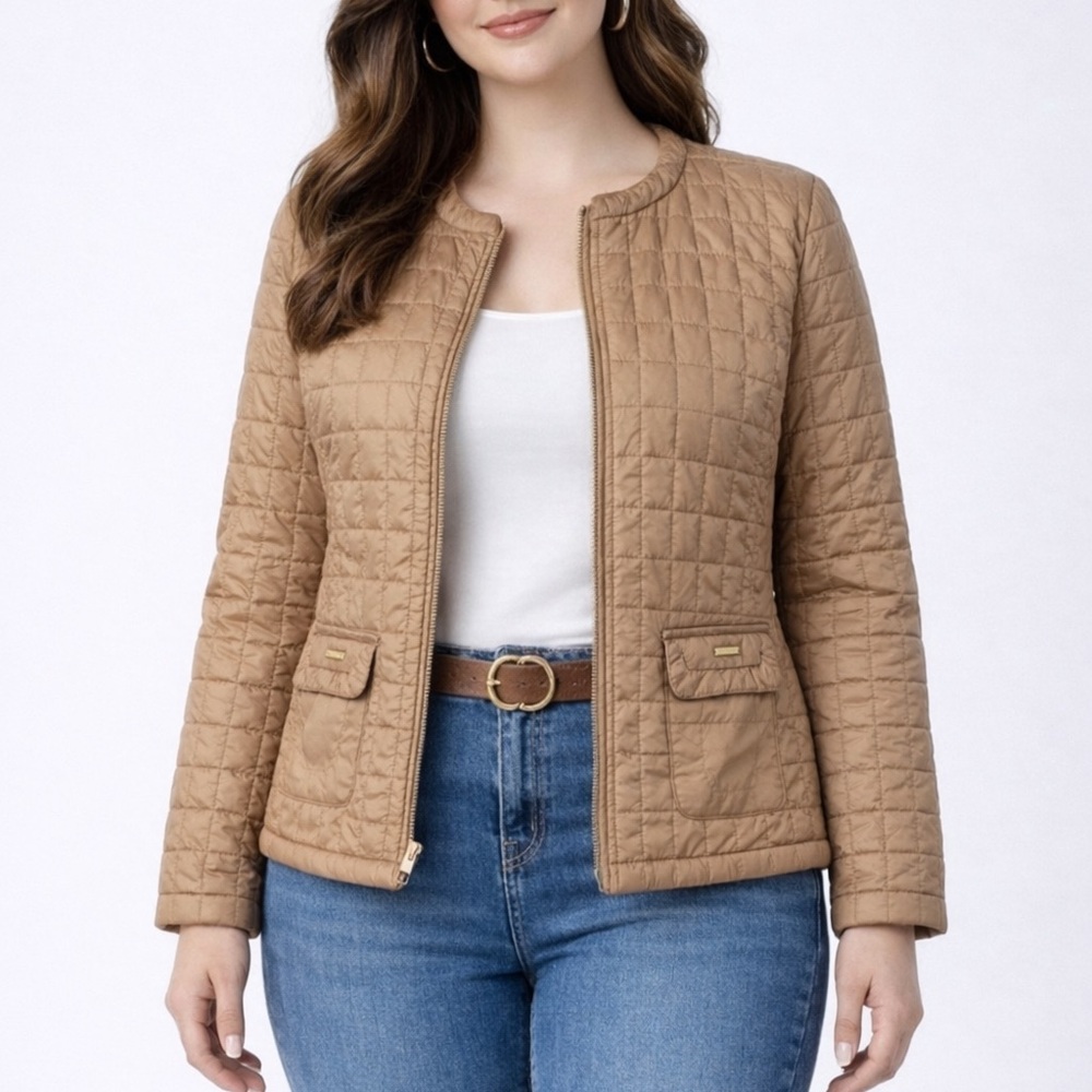 Chicos Caramel Tan Lightweight Quilted Zip Jacket with pockets Sz XL/16